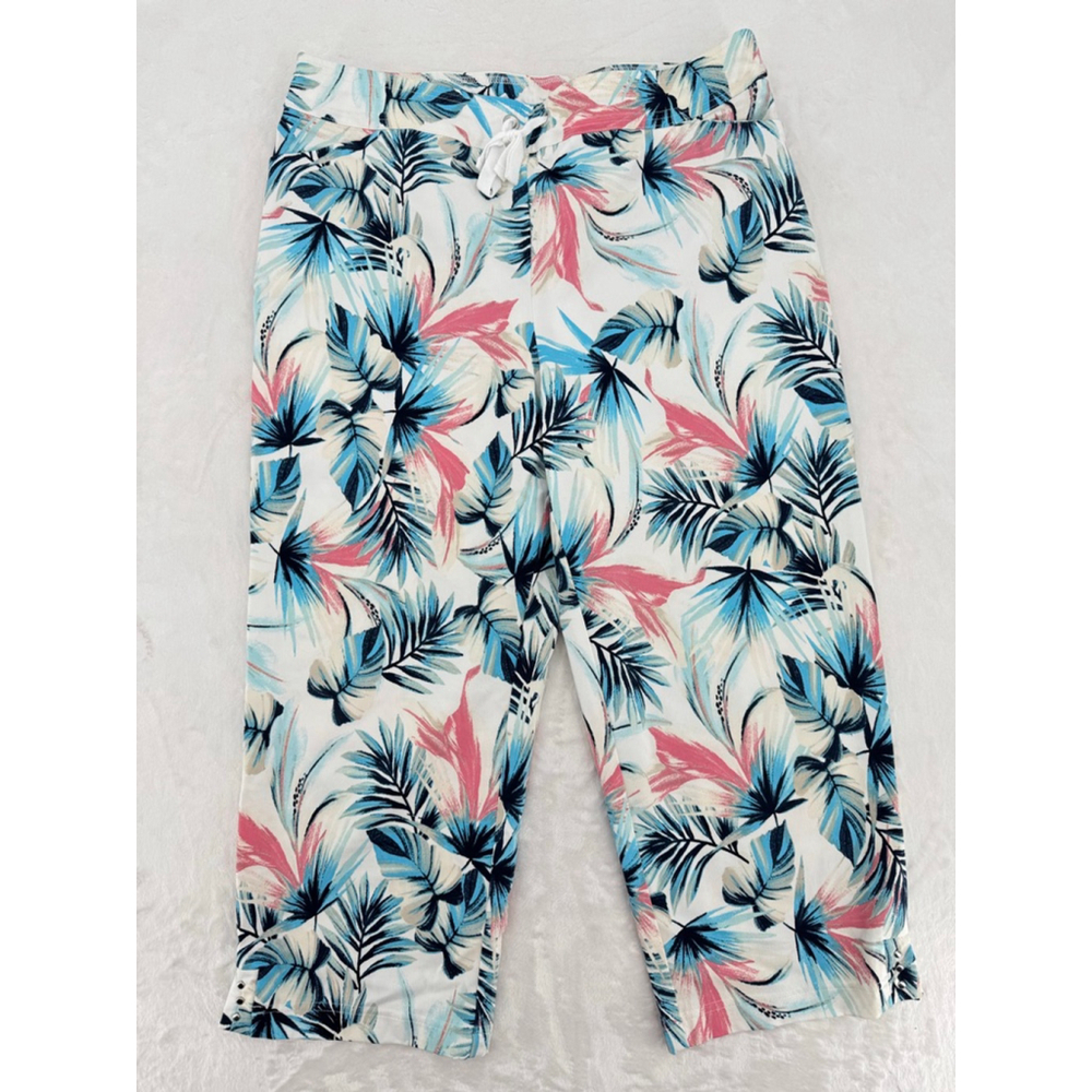 Chico's Weekends Capris Tropical Leaves Perfect Stretch Drawstring Pink Blue 1/8